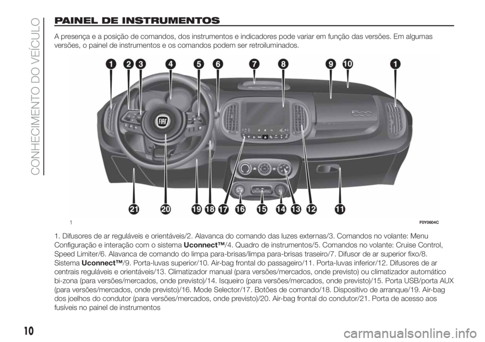 FIAT 500L LIVING 2019  Manual de Uso e Manutenção (in Portuguese) PAINEL DE INSTRUMENTOS
A presença e a posição de comandos, dos instrumentos e indicadores pode variar em função das versões. Em algumas
versões, o painel de instrumentos e os comandos podem ser