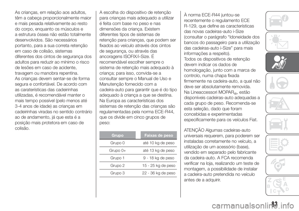 FIAT 500L LIVING 2019  Manual de Uso e Manutenção (in Portuguese) As crianças, em relação aos adultos,
têm a cabeça proporcionalmente maior
e mais pesada relativamente ao resto
do corpo, enquanto os músculos e
a estrutura óssea não estão totalmente
desenvol