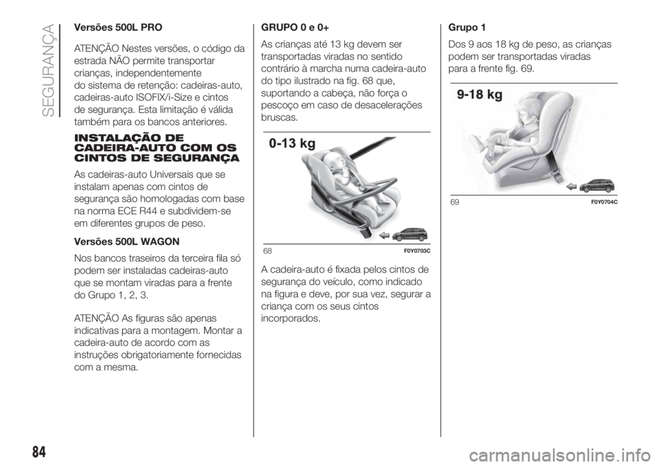 FIAT 500L LIVING 2019  Manual de Uso e Manutenção (in Portuguese) Versões 500L PRO
ATENÇÃO Nestes versões, o código da
estrada NÃO permite transportar
crianças, independentemente
do sistema de retenção: cadeiras-auto,
cadeiras-auto ISOFIX/i-Size e cintos
de