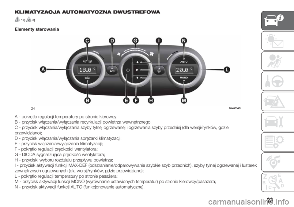 FIAT 500L LIVING 2019 Instrukcja obsługi (in Polish) KLIMATYZACJA AUTOMATYCZNA DWUSTREFOWA
19)5)
Elementy sterowania
A - pokrętło regulacji temperatury po stronie kierowcy;
B - przycisk włączania/wyłączania recyrkulacji powietrza wewnętrznego;
C FIAT 500L LIVING 2019 Instrukcja obsługi (in Polish) KLIMATYZACJA AUTOMATYCZNA DWUSTREFOWA
19)5)
Elementy sterowania
A - pokrętło regulacji temperatury po stronie kierowcy;
B - przycisk włączania/wyłączania recyrkulacji powietrza wewnętrznego;
C