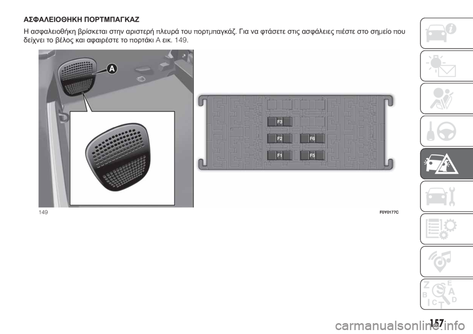 FIAT 500L LIVING 2019  ΒΙΒΛΙΟ ΧΡΗΣΗΣ ΚΑΙ ΣΥΝΤΗΡΗΣΗΣ (in Greek) ΑΣΦΑΛΕΙΟΘΗΚΗ ΠΟΡΤΜΠΑΓΚΑΖ
Η ασφαλειοθήκη βρίσκεται στην αριστερήπλευρά τουπορτμπαγκάζ.Για να φτάσετε στις α