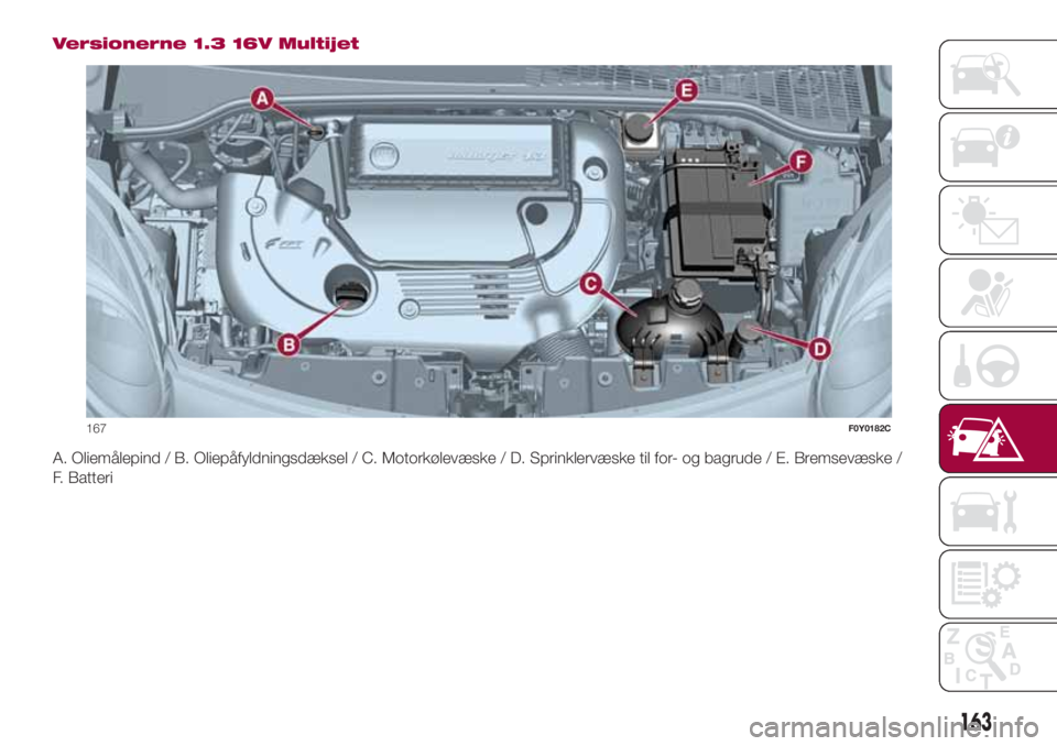 FIAT 500L LIVING 2018  Brugs- og vedligeholdelsesvejledning (in Danish) Versionerne 1.3 16V Multijet
A. Oliemålepind / B. Oliepåfyldningsdæksel / C. Motorkølevæske / D. Sprinklervæske til for- og bagrude / E. Bremsevæske /
F. Batteri
167F0Y0182C
163 