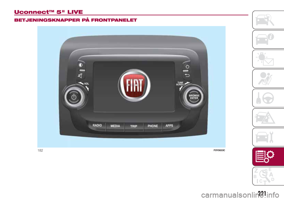 FIAT 500L LIVING 2018  Brugs- og vedligeholdelsesvejledning (in Danish) Uconnect™ 5" LIVE.
BETJENINGSKNAPPER PÅ FRONTPANELET
182F0Y0633C
221 