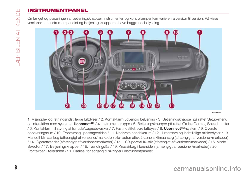FIAT 500L LIVING 2018  Brugs- og vedligeholdelsesvejledning (in Danish) INSTRUMENTPANEL
Omfanget og placeringen af betjeningsknapper, instrumenter og kontrollamper kan variere fra version til version. På visse
versioner kan instrumentpanelet og betjeningsknapperne have b