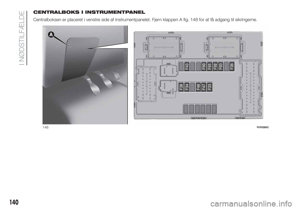 FIAT 500L LIVING 2019  Brugs- og vedligeholdelsesvejledning (in Danish) CENTRALBOKS I INSTRUMENTPANEL
Centralboksen er placeret i venstre side af instrumentpanelet. Fjern klappen A fig. 148 for at få adgang til sikringerne.
148F0Y0280C
140
I NØDSTILFÆLDE 