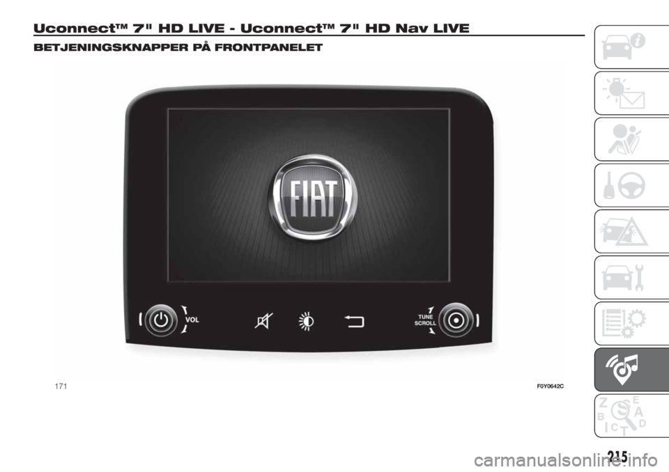 FIAT 500L LIVING 2019 Brugs- og vedligeholdelsesvejledning (in Danish) Uconnect™ 7" HD LIVE - Uconnect™ 7" HD Nav LIVE.
BETJENINGSKNAPPER PÅ FRONTPANELET
171F0Y0642C
215 FIAT 500L LIVING 2019 Brugs- og vedligeholdelsesvejledning (in Danish) Uconnect™ 7" HD LIVE - Uconnect™ 7" HD Nav LIVE.
BETJENINGSKNAPPER PÅ FRONTPANELET
171F0Y0642C
215