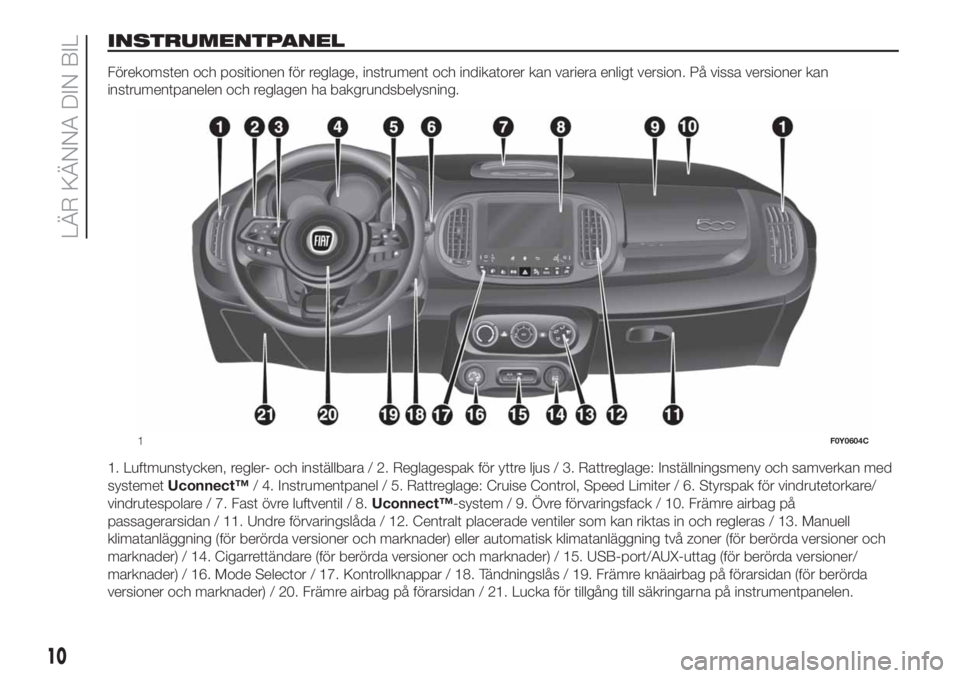 FIAT 500L LIVING 2019  Drift- och underhållshandbok (in Swedish) INSTRUMENTPANEL
Förekomsten och positionen för reglage, instrument och indikatorer kan variera enligt version. På vissa versioner kan
instrumentpanelen och reglagen ha bakgrundsbelysning.
1. Luftmu