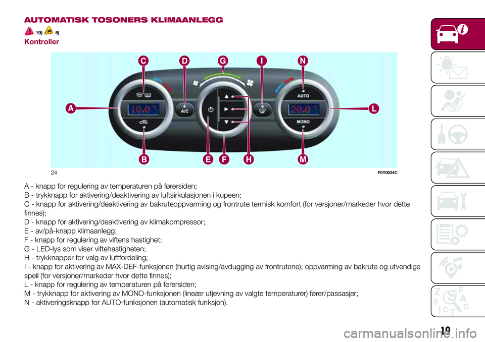 FIAT 500L LIVING 2018  Drift- og vedlikeholdshåndbok (in Norwegian) AUTOMATISK TOSONERS KLIMAANLEGG
19)5)
Kontroller
A - knapp for regulering av temperaturen på førersiden;
B - trykknapp for aktivering/deaktivering av luftsirkulasjonen i kupeen;
C - knapp for aktive