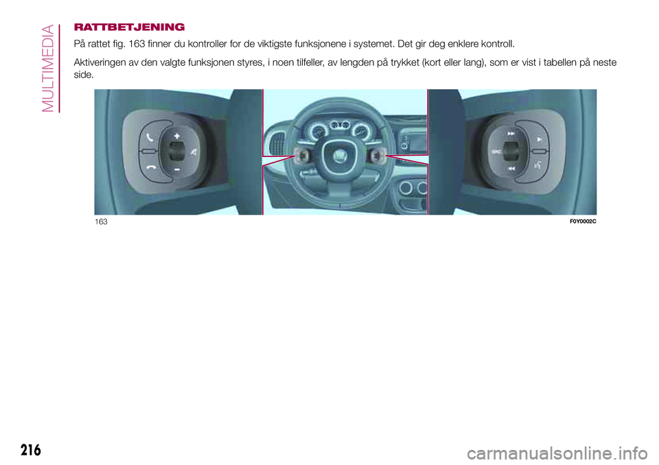 FIAT 500L LIVING 2018 Drift- og vedlikeholdshåndbok (in Norwegian) RATTBETJENING
På rattet fig. 163 finner du kontroller for de viktigste funksjonene i systemet. Det gir deg enklere kontroll.
Aktiveringen av den valgte funksjonen styres, i noen tilfeller, av lengden FIAT 500L LIVING 2018 Drift- og vedlikeholdshåndbok (in Norwegian) RATTBETJENING
På rattet fig. 163 finner du kontroller for de viktigste funksjonene i systemet. Det gir deg enklere kontroll.
Aktiveringen av den valgte funksjonen styres, i noen tilfeller, av lengden