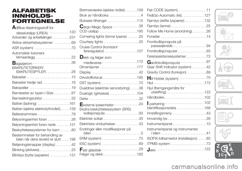FIAT 500L LIVING 2019 Drift- og vedlikeholdshåndbok (in Norwegian) ALFABETISK
INNHOLDS-
FORTEGNELSE
A
dBlue-tilsetningsstoff for
dieselutslipp (UREA).............120
Advarsler og anbefalinger...........231
Aktive sikkerhetssystemer...........69
ASR (system).......... FIAT 500L LIVING 2019 Drift- og vedlikeholdshåndbok (in Norwegian) ALFABETISK
INNHOLDS-
FORTEGNELSE
A
dBlue-tilsetningsstoff for
dieselutslipp (UREA).............120
Advarsler og anbefalinger...........231
Aktive sikkerhetssystemer...........69
ASR (system)..........