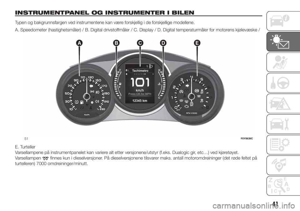 FIAT 500L LIVING 2019  Drift- og vedlikeholdshåndbok (in Norwegian) INSTRUMENTPANEL OG INSTRUMENTER I BILEN
Typen og bakgrunnsfargen ved instrumentene kan være forskjellig i de forskjellige modellene.
A. Speedometer (hastighetsmåler) / B. Digital drivstoffmåler / C