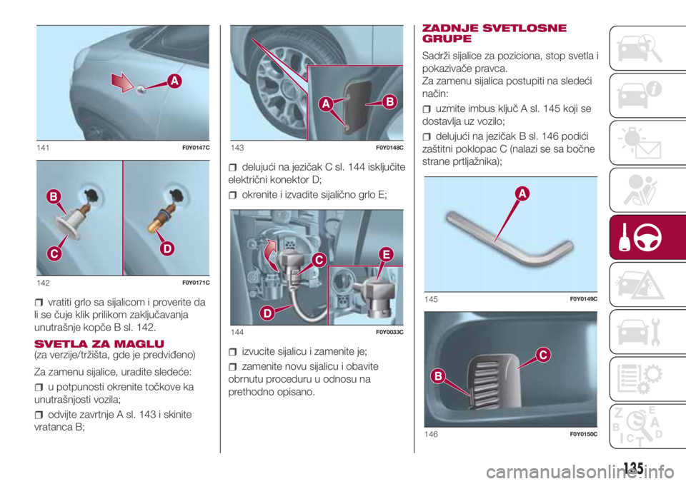 FIAT 500L LIVING 2018  Knjižica za upotrebu i održavanje (in Serbian) vratiti grlo sa sijalicom i proverite da
li se čuje klik prilikom zaključavanja
unutrašnje kopče B sl. 142.
SVETLA ZA MAGLU
(za verzije/tržišta, gde je predviđeno)
Za zamenu sijalice, uradite s