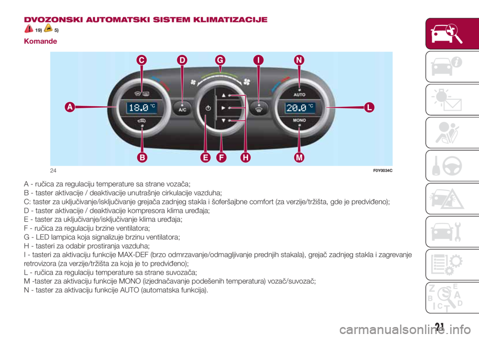 FIAT 500L LIVING 2018  Knjižica za upotrebu i održavanje (in Serbian) DVOZONSKI AUTOMATSKI SISTEM KLIMATIZACIJE
19)5)
Komande
A - ručica za regulaciju temperature sa strane vozača;
B - taster aktivacije / deaktivacije unutrašnje cirkulacije vazduha;
C: taster za uklj