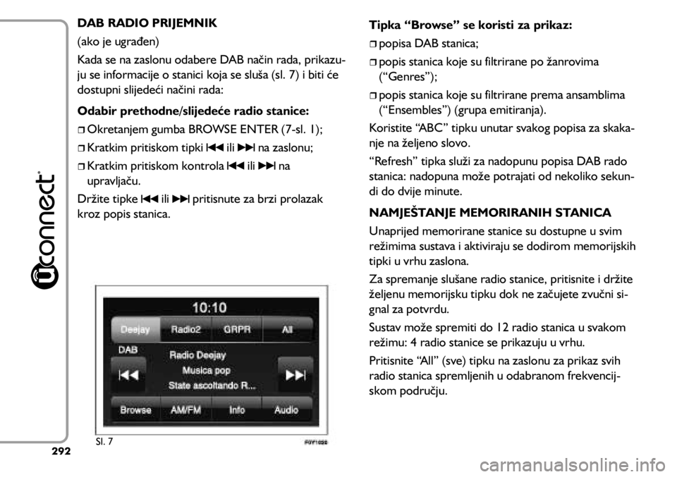 FIAT 500L LIVING 2021  Knjižica s uputama za uporabu i održavanje (in Croatian) DAB RADIO PRIJEMNIK
(ako je ugrađen)
Kada se na zaslonu odabere DAB način rada, prikazu-
ju se informacije o stanici koja se sluša (sl. 7) i biti će 
dostupni slijedeći načini rada:
Odabir preth