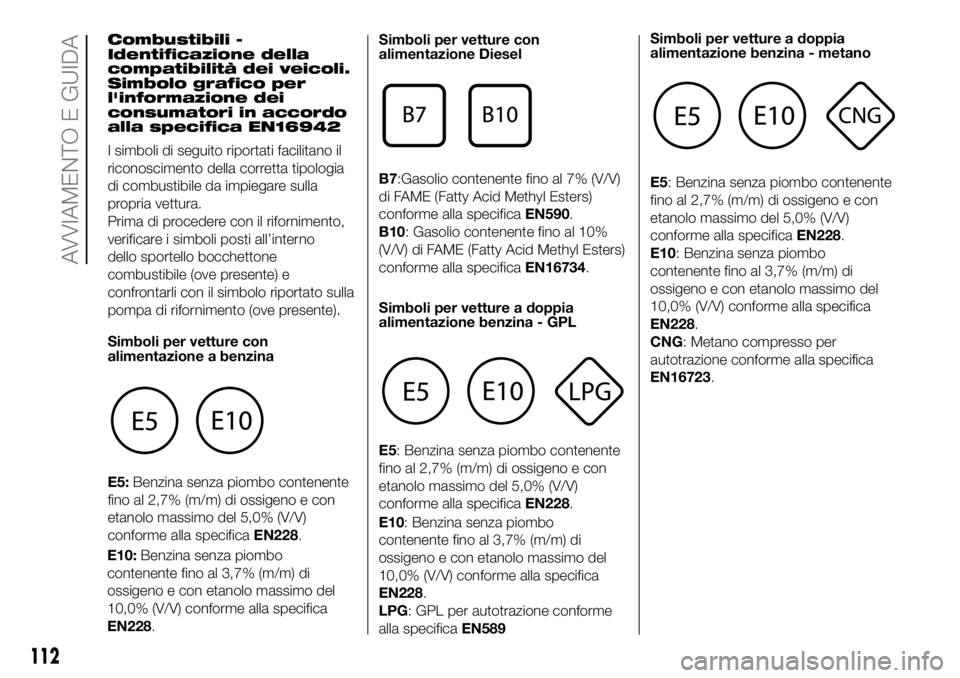 FIAT PANDA 2018  Libretto Uso Manutenzione (in Italian) Combustibili -
Identificazione della
compatibilità dei veicoli.
Simbolo grafico per
l'informazione dei
consumatori in accordo
alla specifica EN16942
I simboli di seguito riportati facilitano il
r