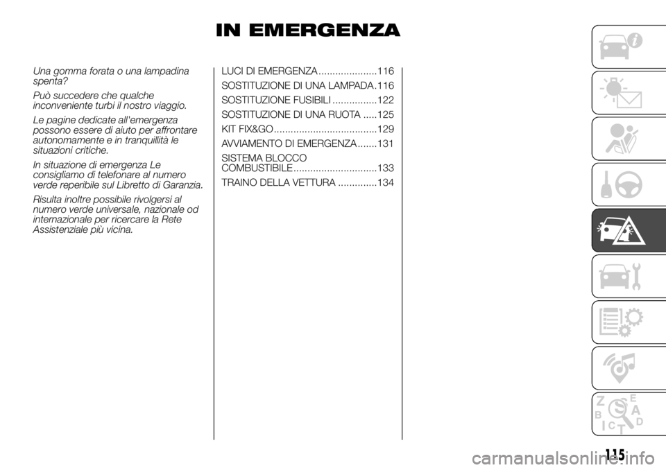FIAT PANDA 2018  Libretto Uso Manutenzione (in Italian) IN EMERGENZA
Una gomma forata o una lampadina
spenta?
Può succedere che qualche
inconveniente turbi il nostro viaggio.
Le pagine dedicate all'emergenza
possono essere di aiuto per affrontare
auto