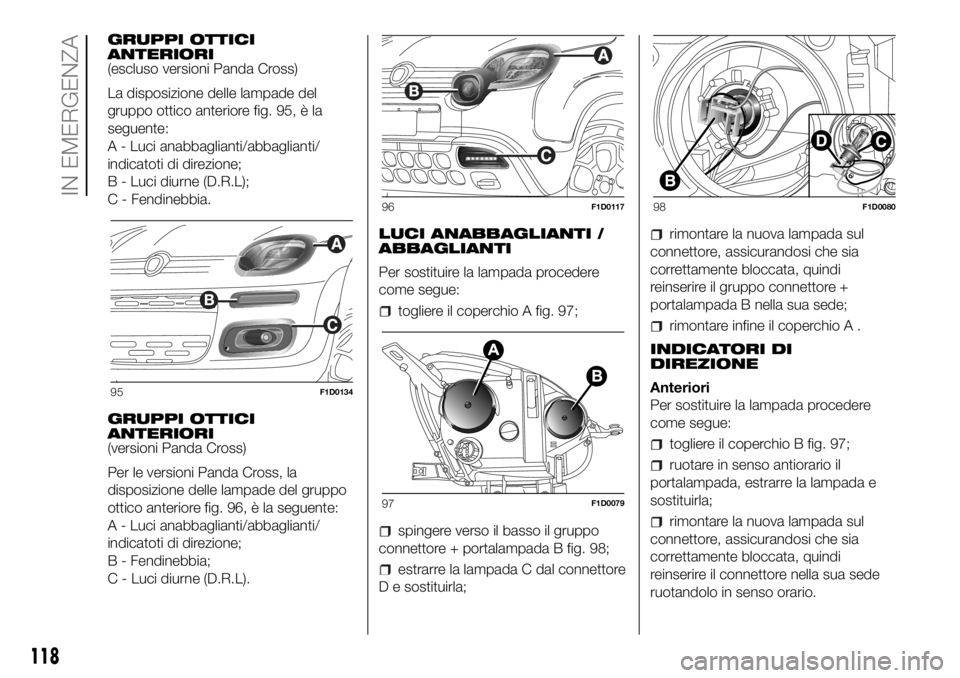 FIAT PANDA 2018  Libretto Uso Manutenzione (in Italian) GRUPPI OTTICI
ANTERIORI
(escluso versioni Panda Cross)
La disposizione delle lampade del
gruppo ottico anteriore fig. 95, è la
seguente:
A - Luci anabbaglianti/abbaglianti/
indicatoti di direzione;
B