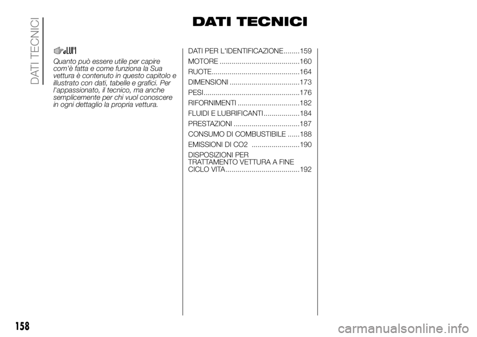 FIAT PANDA 2018 Libretto Uso Manutenzione (in Italian) DATI TECNICI
Quanto può essere utile per capire
com'è fatta e come funziona la Sua
vettura è contenuto in questo capitolo e
illustrato con dati, tabelle e grafici. Per
l'appassionato, il te FIAT PANDA 2018 Libretto Uso Manutenzione (in Italian) DATI TECNICI
Quanto può essere utile per capire
com'è fatta e come funziona la Sua
vettura è contenuto in questo capitolo e
illustrato con dati, tabelle e grafici. Per
l'appassionato, il te