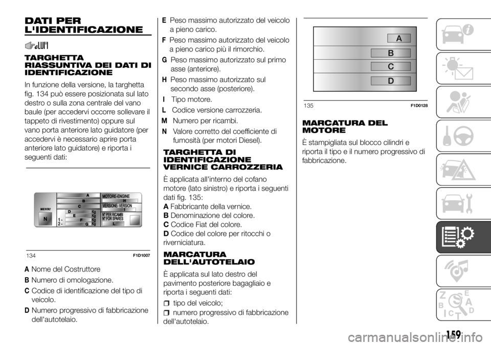 FIAT PANDA 2018 Libretto Uso Manutenzione (in Italian) DATI PER
L'IDENTIFICAZIONE
TARGHETTA
RIASSUNTIVA DEI DATI DI
IDENTIFICAZIONE
In funzione della versione, la targhetta
fig. 134 può essere posizionata sul lato
destro o sulla zona centrale del van FIAT PANDA 2018 Libretto Uso Manutenzione (in Italian) DATI PER
L'IDENTIFICAZIONE
TARGHETTA
RIASSUNTIVA DEI DATI DI
IDENTIFICAZIONE
In funzione della versione, la targhetta
fig. 134 può essere posizionata sul lato
destro o sulla zona centrale del van