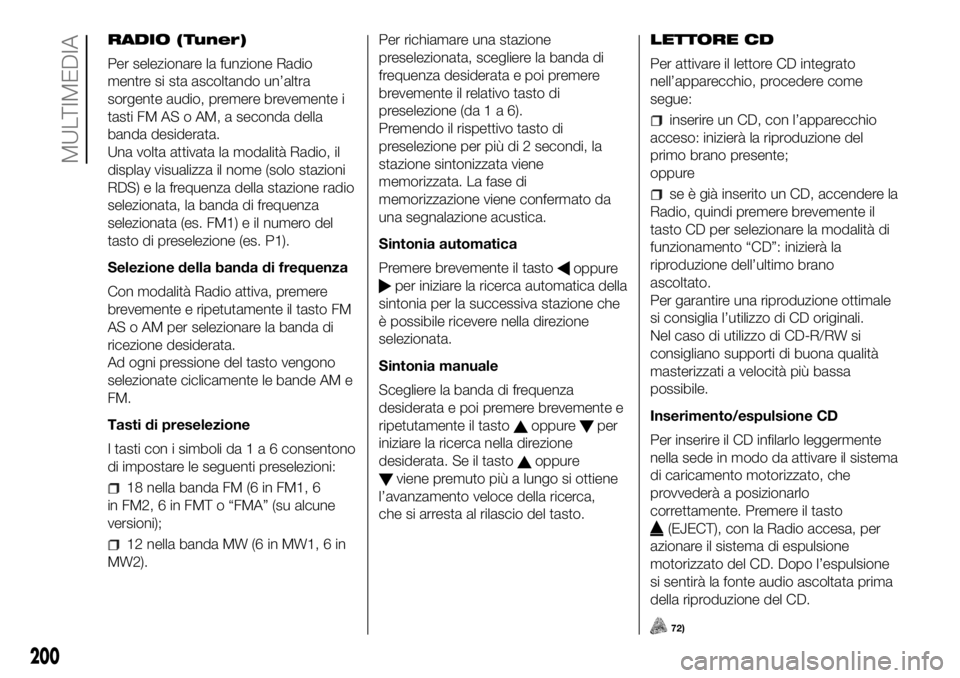 FIAT PANDA 2018 Libretto Uso Manutenzione (in Italian) RADIO (Tuner)
Per selezionare la funzione Radio
mentre si sta ascoltando un’altra
sorgente audio, premere brevemente i
tasti FM AS o AM, a seconda della
banda desiderata.
Una volta attivata la modal FIAT PANDA 2018 Libretto Uso Manutenzione (in Italian) RADIO (Tuner)
Per selezionare la funzione Radio
mentre si sta ascoltando un’altra
sorgente audio, premere brevemente i
tasti FM AS o AM, a seconda della
banda desiderata.
Una volta attivata la modal