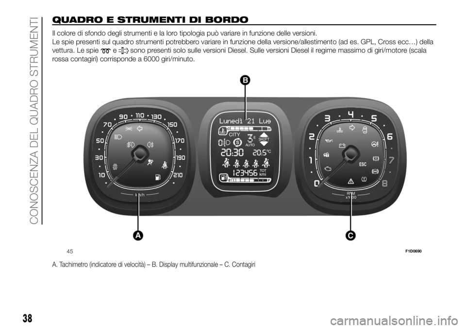 FIAT PANDA 2018 Libretto Uso Manutenzione (in Italian) QUADRO E STRUMENTI DI BORDO.
Il colore di sfondo degli strumenti e la loro tipologia può variare in funzione delle versioni.
Le spie presenti sul quadro strumenti potrebbero variare in funzione della FIAT PANDA 2018 Libretto Uso Manutenzione (in Italian) QUADRO E STRUMENTI DI BORDO.
Il colore di sfondo degli strumenti e la loro tipologia può variare in funzione delle versioni.
Le spie presenti sul quadro strumenti potrebbero variare in funzione della
