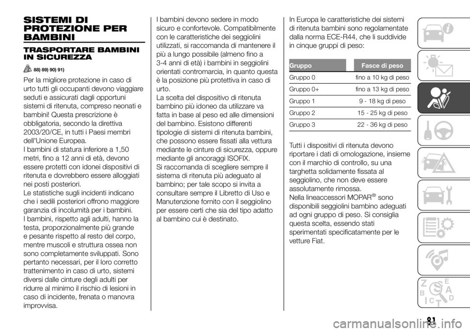 FIAT PANDA 2018  Libretto Uso Manutenzione (in Italian) SISTEMI DI
PROTEZIONE PER
BAMBINI
TRASPORTARE BAMBINI
IN SICUREZZA
88) 89) 90) 91)
Per la migliore protezione in caso di
urto tutti gli occupanti devono viaggiare
seduti e assicurati dagli opportuni
s
