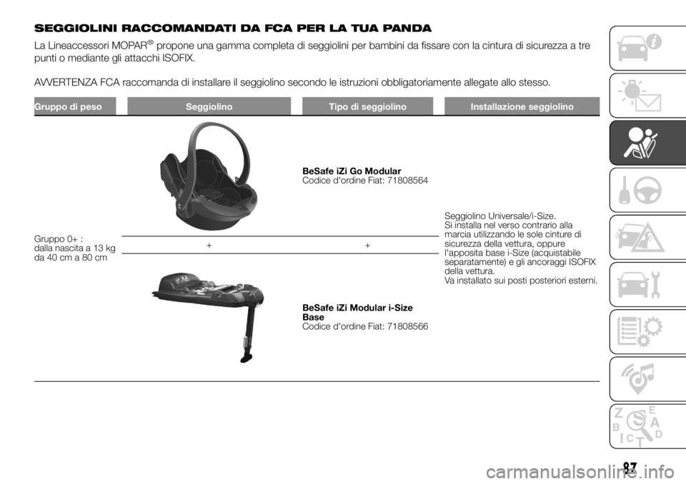 FIAT PANDA 2018  Libretto Uso Manutenzione (in Italian) SEGGIOLINI RACCOMANDATI DA FCA PER LA TUA PANDA
La Lineaccessori MOPAR
®propone una gamma completa di seggiolini per bambini da fissare con la cintura di sicurezza a tre
punti o mediante gli attacchi