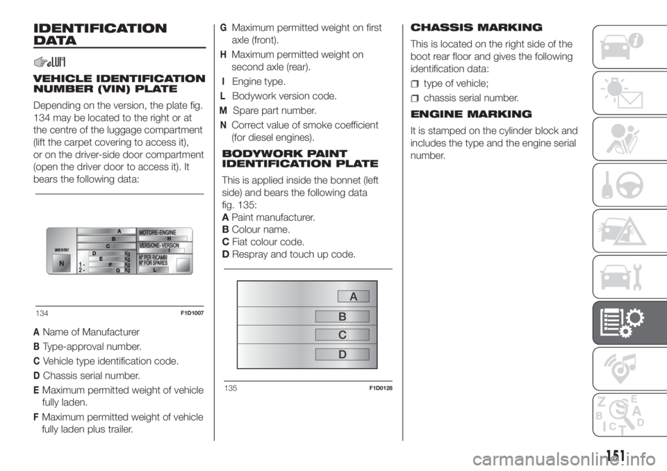 FIAT PANDA 2018 Owner handbook (in English) IDENTIFICATION
DATA
VEHICLE IDENTIFICATION
NUMBER (VIN) PLATE
Depending on the version, the plate fig.
134 may be located to the right or at
the centre of the luggage compartment
(lift the carpet cove FIAT PANDA 2018 Owner handbook (in English) IDENTIFICATION
DATA
VEHICLE IDENTIFICATION
NUMBER (VIN) PLATE
Depending on the version, the plate fig.
134 may be located to the right or at
the centre of the luggage compartment
(lift the carpet cove
