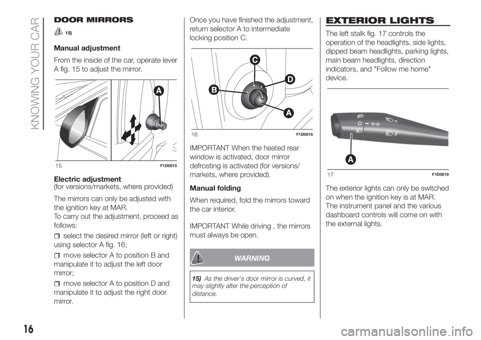 FIAT PANDA 2018 Owner handbook (in English) DOOR MIRRORS
15)
Manual adjustment
From the inside of the car, operate lever
A fig. 15 to adjust the mirror.
Electric adjustment
(for versions/markets, where provided)
The mirrors can only be adjusted FIAT PANDA 2018 Owner handbook (in English) DOOR MIRRORS
15)
Manual adjustment
From the inside of the car, operate lever
A fig. 15 to adjust the mirror.
Electric adjustment
(for versions/markets, where provided)
The mirrors can only be adjusted