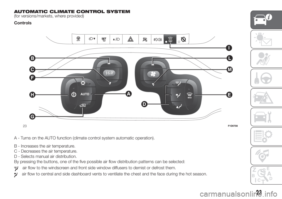 FIAT PANDA 2018 Owner handbook (in English) AUTOMATIC CLIMATE CONTROL SYSTEM
(for versions/markets, where provided)
Controls
.
A - Turns on the AUTO function (climate control system automatic operation).
B - Increases the air temperature.
C - D FIAT PANDA 2018 Owner handbook (in English) AUTOMATIC CLIMATE CONTROL SYSTEM
(for versions/markets, where provided)
Controls
.
A - Turns on the AUTO function (climate control system automatic operation).
B - Increases the air temperature.
C - D