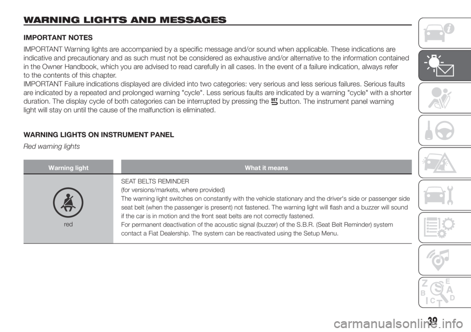 FIAT PANDA 2018  Owner handbook (in English) WARNING LIGHTS AND MESSAGES
IMPORTANT NOTES
IMPORTANT Warning lights are accompanied by a specific message and/or sound when applicable. These indications are
indicative and precautionary and as such 