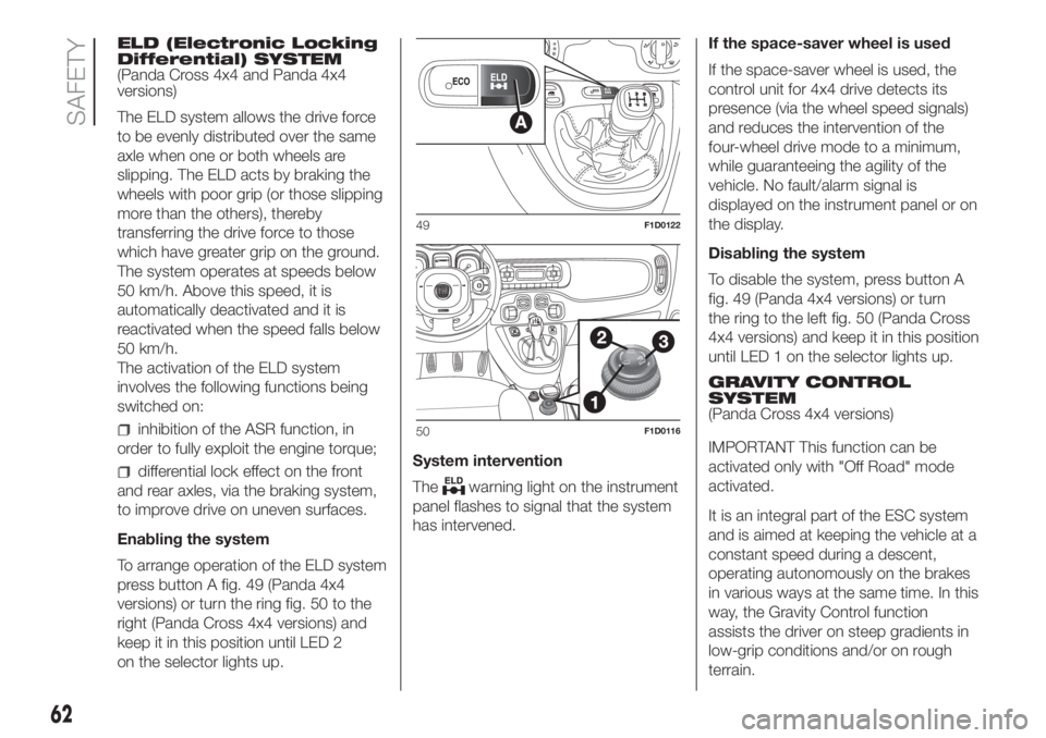 FIAT PANDA 2018 Owner handbook (in English) ELD (Electronic Locking
Differential) SYSTEM
(Panda Cross 4x4 and Panda 4x4
versions)
The ELD system allows the drive force
to be evenly distributed over the same
axle when one or both wheels are
slip FIAT PANDA 2018 Owner handbook (in English) ELD (Electronic Locking
Differential) SYSTEM
(Panda Cross 4x4 and Panda 4x4
versions)
The ELD system allows the drive force
to be evenly distributed over the same
axle when one or both wheels are
slip