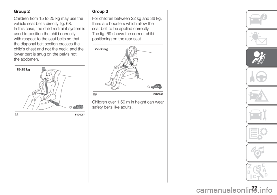 FIAT PANDA 2018 Owner handbook (in English) Group 2
Children from 15 to 25 kg may use the
vehicle seat belts directly fig. 68.
In this case, the child restraint system is
used to position the child correctly
with respect to the seat belts so th FIAT PANDA 2018 Owner handbook (in English) Group 2
Children from 15 to 25 kg may use the
vehicle seat belts directly fig. 68.
In this case, the child restraint system is
used to position the child correctly
with respect to the seat belts so th