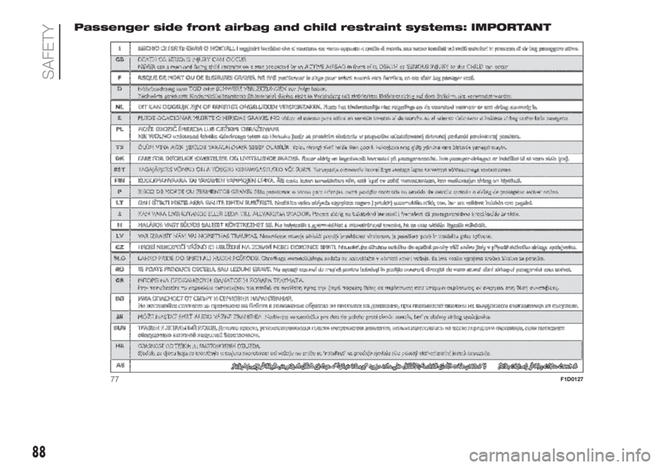 FIAT PANDA 2018 Owner handbook (in English) Passenger side front airbag and child restraint systems: IMPORTANT
77F1D0127
88
SAFETY FIAT PANDA 2018 Owner handbook (in English) Passenger side front airbag and child restraint systems: IMPORTANT
77F1D0127
88
SAFETY