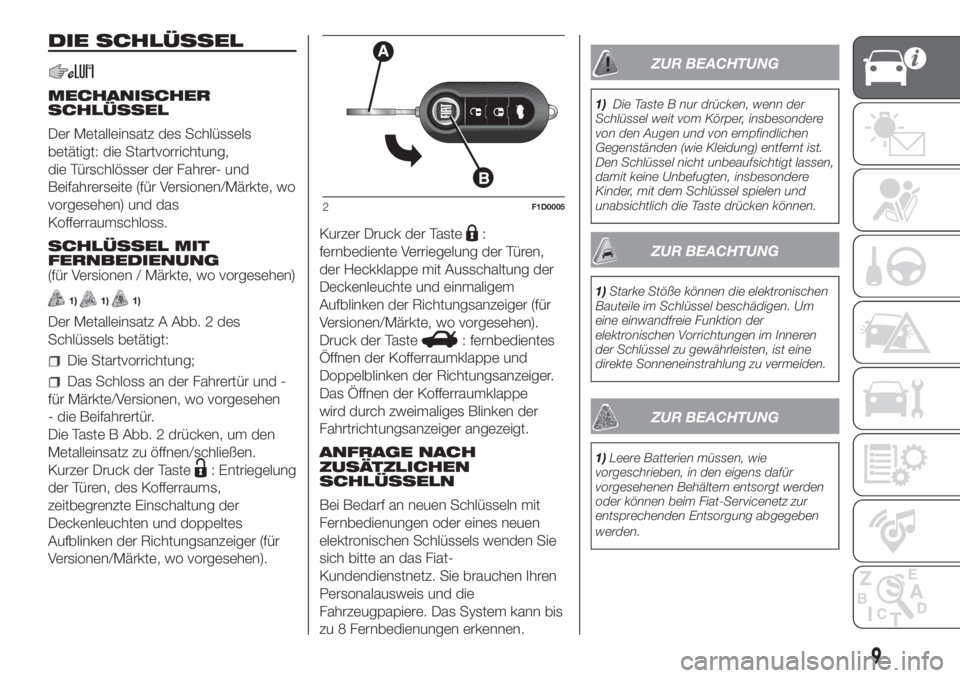 FIAT PANDA 2018  Betriebsanleitung (in German) DIE SCHLÜSSEL
MECHANISCHER
SCHLÜSSEL
Der Metalleinsatz des Schlüssels
betätigt: die Startvorrichtung,
die Türschlösser der Fahrer- und
Beifahrerseite (für Versionen/Märkte, wo
vorgesehen) und 