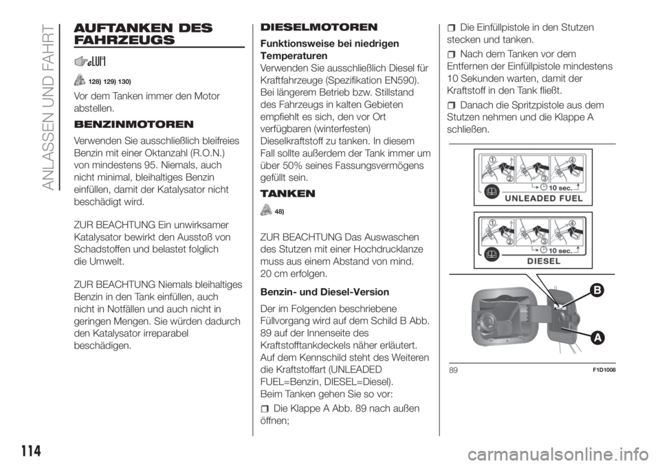 FIAT PANDA 2018  Betriebsanleitung (in German) AUFTANKEN DES
FAHRZEUGS
128) 129) 130)
Vor dem Tanken immer den Motor
abstellen.
BENZINMOTOREN
Verwenden Sie ausschließlich bleifreies
Benzin mit einer Oktanzahl (R.O.N.)
von mindestens 95. Niemals, 