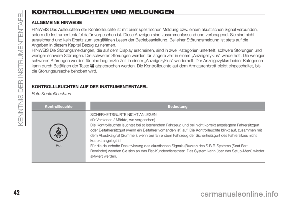 FIAT PANDA 2018  Betriebsanleitung (in German) KONTROLLLEUCHTEN UND MELDUNGEN
ALLGEMEINE HINWEISE
HINWEIS Das Aufleuchten der Kontrollleuchte ist mit einer spezifischen Meldung bzw. einem akustischen Signal verbunden,
sofern die Instrumententafel 
