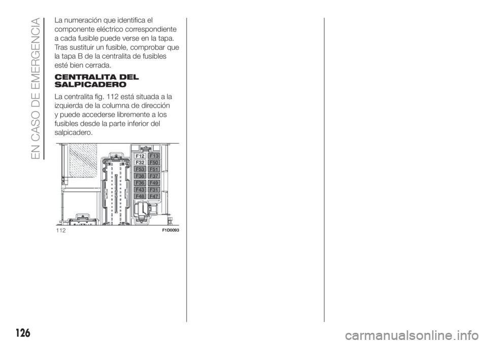 FIAT PANDA 2018  Manual de Empleo y Cuidado (in Spanish) La numeración que identifica el
componente eléctrico correspondiente
a cada fusible puede verse en la tapa.
Tras sustituir un fusible, comprobar que
la tapa B de la centralita de fusibles
esté bien