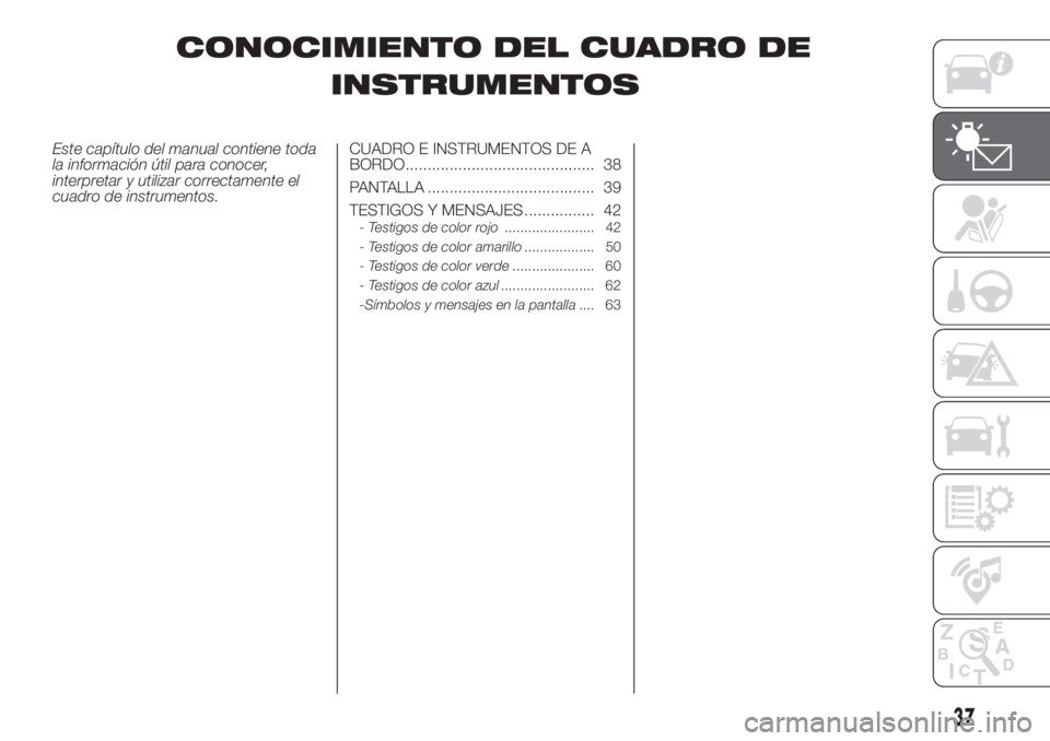 FIAT PANDA 2018 Manual de Empleo y Cuidado (in Spanish) CONOCIMIENTO DEL CUADRO DE
INSTRUMENTOS
Este capítulo del manual contiene toda
la información útil para conocer,
interpretar y utilizar correctamente el
cuadro de instrumentos.CUADRO E INSTRUMENTOS FIAT PANDA 2018 Manual de Empleo y Cuidado (in Spanish) CONOCIMIENTO DEL CUADRO DE
INSTRUMENTOS
Este capítulo del manual contiene toda
la información útil para conocer,
interpretar y utilizar correctamente el
cuadro de instrumentos.CUADRO E INSTRUMENTOS