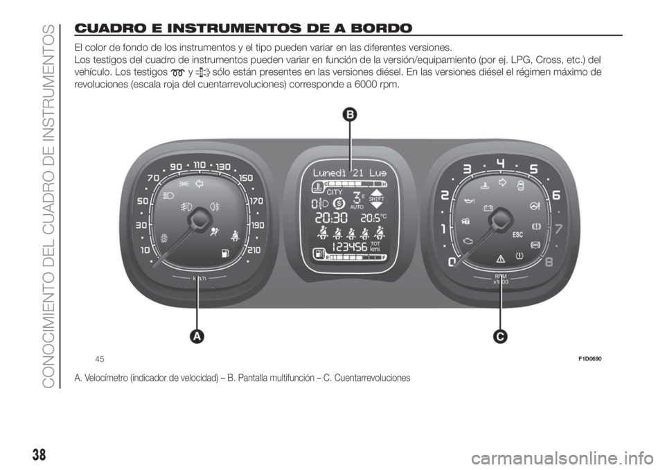 FIAT PANDA 2018 Manual de Empleo y Cuidado (in Spanish) CUADRO E INSTRUMENTOS DE A BORDO.
El color de fondo de los instrumentos y el tipo pueden variar en las diferentes versiones.
Los testigos del cuadro de instrumentos pueden variar en función de la ver FIAT PANDA 2018 Manual de Empleo y Cuidado (in Spanish) CUADRO E INSTRUMENTOS DE A BORDO.
El color de fondo de los instrumentos y el tipo pueden variar en las diferentes versiones.
Los testigos del cuadro de instrumentos pueden variar en función de la ver