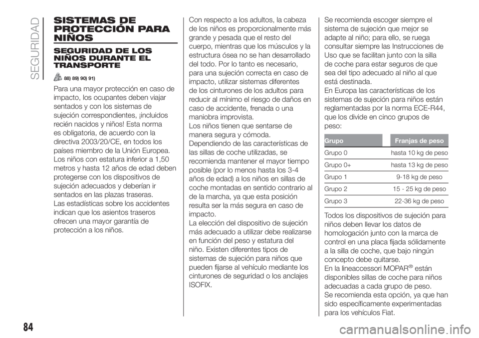 FIAT PANDA 2018  Manual de Empleo y Cuidado (in Spanish) SISTEMAS DE
PROTECCIÓN PARA
NIÑOS
SEGURIDAD DE LOS
NIÑOS DURANTE EL
TRANSPORTE
88) 89) 90) 91)
Para una mayor protección en caso de
impacto, los ocupantes deben viajar
sentados y con los sistemas 