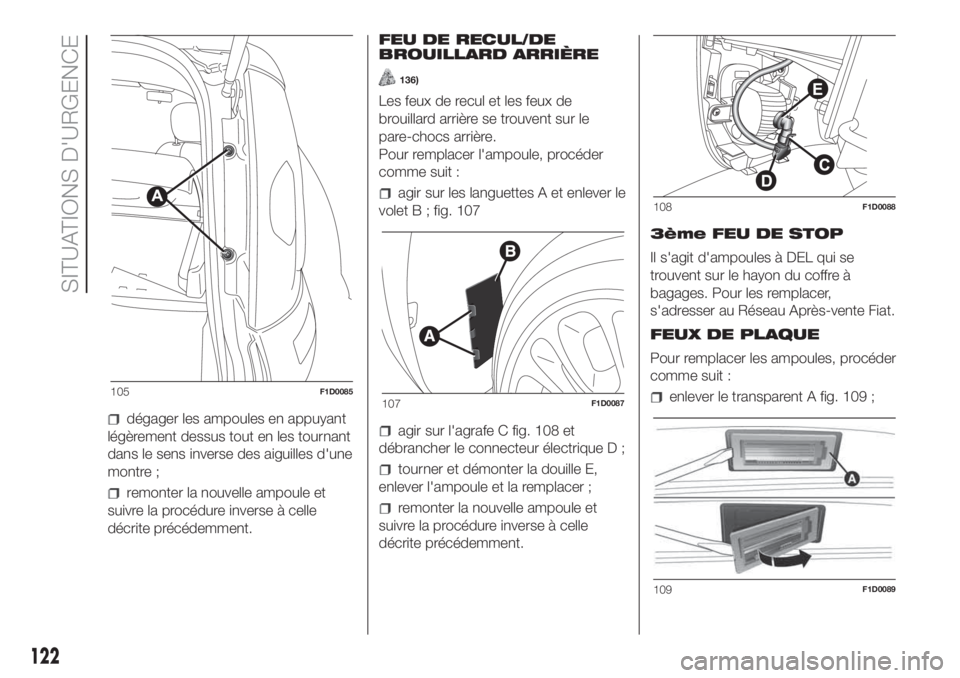 FIAT PANDA 2018 Notice dentretien (in French) dégager les ampoules en appuyant
légèrement dessus tout en les tournant
dans le sens inverse des aiguilles d'une
montre ;
remonter la nouvelle ampoule et
suivre la procédure inverse à celle
d FIAT PANDA 2018 Notice dentretien (in French) dégager les ampoules en appuyant
légèrement dessus tout en les tournant
dans le sens inverse des aiguilles d'une
montre ;
remonter la nouvelle ampoule et
suivre la procédure inverse à celle
d