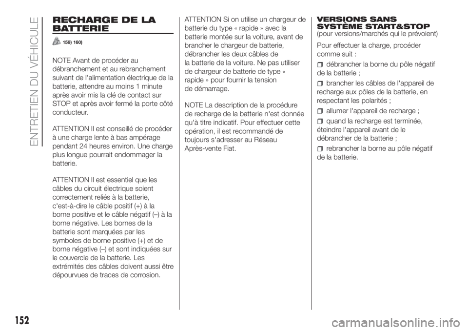 FIAT PANDA 2018 Notice dentretien (in French) RECHARGE DE LA
BATTERIE
159) 160)
NOTE Avant de procéder au
débranchement et au rebranchement
suivant de l'alimentation électrique de la
batterie, attendre au moins 1 minute
après avoir mis la FIAT PANDA 2018 Notice dentretien (in French) RECHARGE DE LA
BATTERIE
159) 160)
NOTE Avant de procéder au
débranchement et au rebranchement
suivant de l'alimentation électrique de la
batterie, attendre au moins 1 minute
après avoir mis la