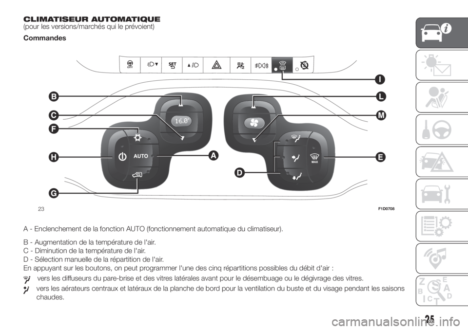 FIAT PANDA 2018 Notice dentretien (in French) CLIMATISEUR AUTOMATIQUE
(pour les versions/marchés qui le prévoient)
Commandes
.
A - Enclenchement de la fonction AUTO (fonctionnement automatique du climatiseur).
B - Augmentation de la températur FIAT PANDA 2018 Notice dentretien (in French) CLIMATISEUR AUTOMATIQUE
(pour les versions/marchés qui le prévoient)
Commandes
.
A - Enclenchement de la fonction AUTO (fonctionnement automatique du climatiseur).
B - Augmentation de la températur