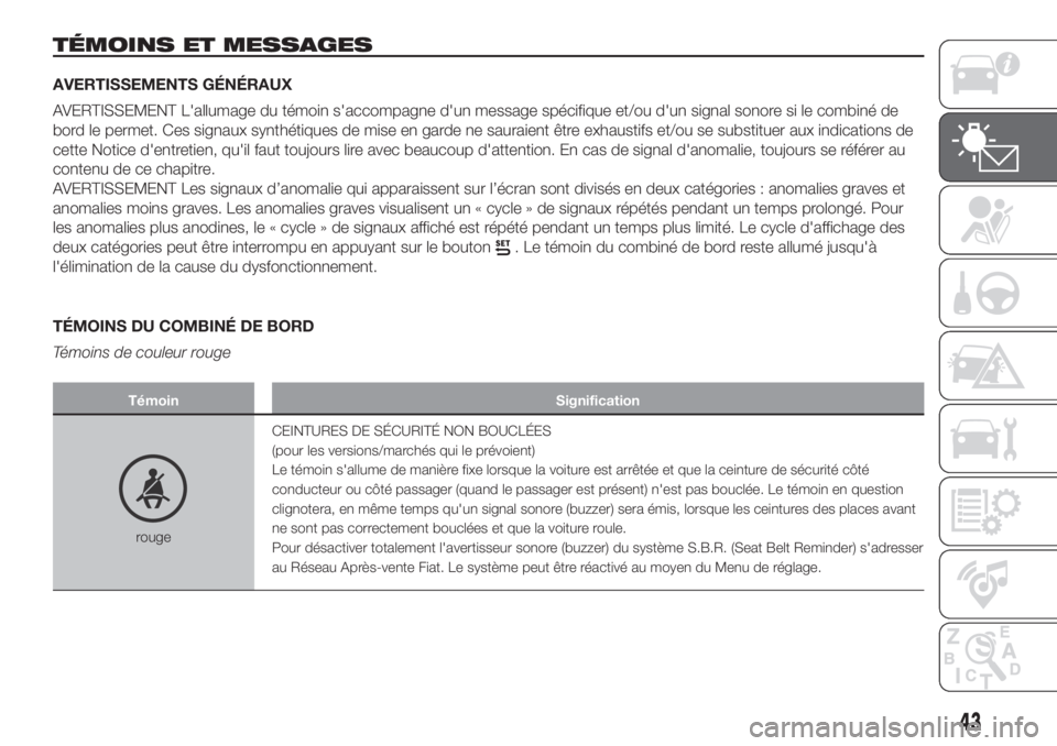 FIAT PANDA 2018  Notice dentretien (in French) TÉMOINS ET MESSAGES
AVERTISSEMENTS GÉNÉRAUX
AVERTISSEMENT L'allumage du témoin s'accompagne d'un message spécifique et/ou d'un signal sonore si le combiné de
bord le permet. Ces 