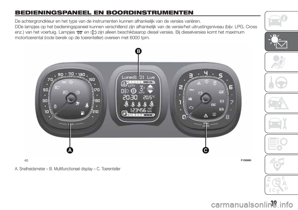 FIAT PANDA 2018 Instructieboek (in Dutch) BEDIENINGSPANEEL EN BOORDINSTRUMENTEN.
De achtergrondkleur en het type van de instrumenten kunnen afhankelijk van de versies variëren.
DDe lampjes op het bedieningspaneel kunnen verschillend zijn afh FIAT PANDA 2018 Instructieboek (in Dutch) BEDIENINGSPANEEL EN BOORDINSTRUMENTEN.
De achtergrondkleur en het type van de instrumenten kunnen afhankelijk van de versies variëren.
DDe lampjes op het bedieningspaneel kunnen verschillend zijn afh