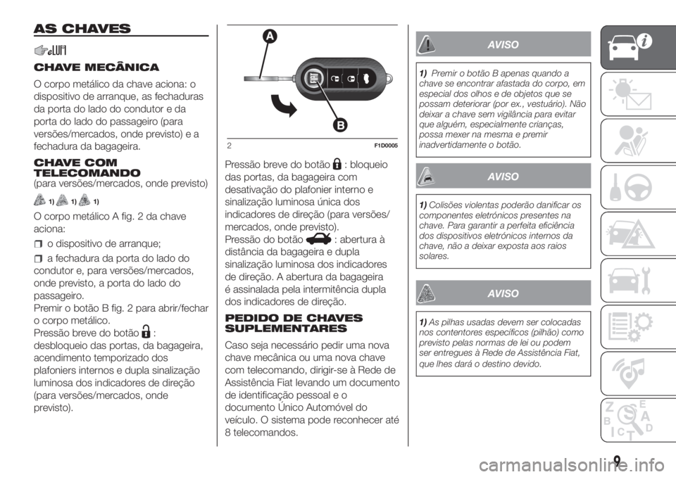FIAT PANDA 2018 Manual de Uso e Manutenção (in Portuguese) AS CHAVES
CHAVE MECÂNICA
O corpo metálico da chave aciona: o
dispositivo de arranque, as fechaduras
da porta do lado do condutor e da
porta do lado do passageiro (para
versões/mercados, onde previs FIAT PANDA 2018 Manual de Uso e Manutenção (in Portuguese) AS CHAVES
CHAVE MECÂNICA
O corpo metálico da chave aciona: o
dispositivo de arranque, as fechaduras
da porta do lado do condutor e da
porta do lado do passageiro (para
versões/mercados, onde previs