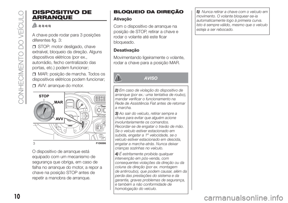 FIAT PANDA 2018 Manual de Uso e Manutenção (in Portuguese) DISPOSITIVO DE
ARRANQUE
2) 3) 4) 5)
A chave pode rodar para 3 posições
diferentes fig. 3:
STOP: motor desligado, chave
extraível, bloqueio da direção. Alguns
dispositivos elétricos (por ex.,
aut FIAT PANDA 2018 Manual de Uso e Manutenção (in Portuguese) DISPOSITIVO DE
ARRANQUE
2) 3) 4) 5)
A chave pode rodar para 3 posições
diferentes fig. 3:
STOP: motor desligado, chave
extraível, bloqueio da direção. Alguns
dispositivos elétricos (por ex.,
aut