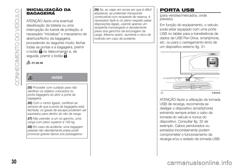 FIAT PANDA 2018  Manual de Uso e Manutenção (in Portuguese) INICIALIZAÇÃO DA
BAGAGEIRA
ATENÇÃO Após uma eventual
desativação da bateria ou uma
interrupção do fusível de proteção, é
necessário “inicializar” o mecanismo de
abertura/fecho da bag
