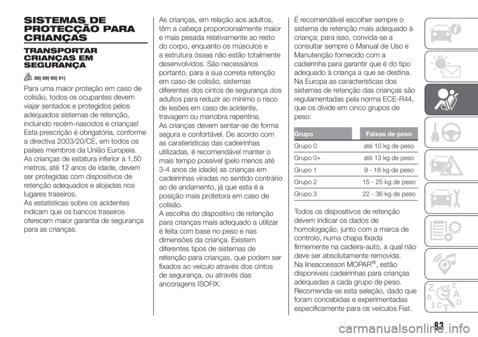 FIAT PANDA 2018  Manual de Uso e Manutenção (in Portuguese) SISTEMAS DE
PROTECÇÃO PARA
CRIANÇAS
TRANSPORTAR
CRIANÇAS EM
SEGURANÇA
88) 89) 90) 91)
Para uma maior proteção em caso de
colisão, todos os ocupantes devem
viajar sentados e protegidos pelos
ad